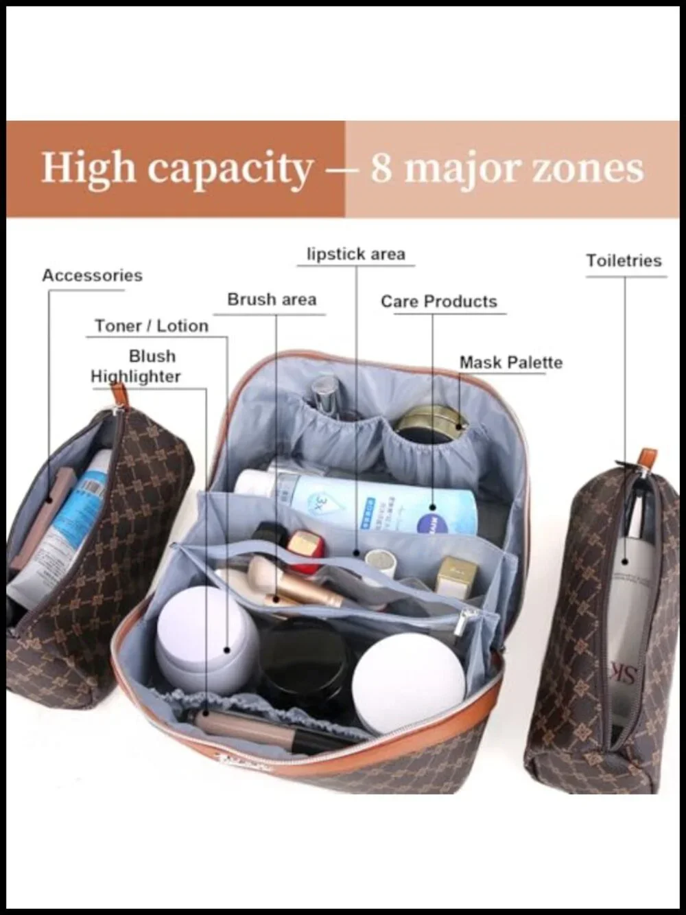 3 Piece Travel Makeup Bag Set Vegan Leather Toiletry Organizer with Handle